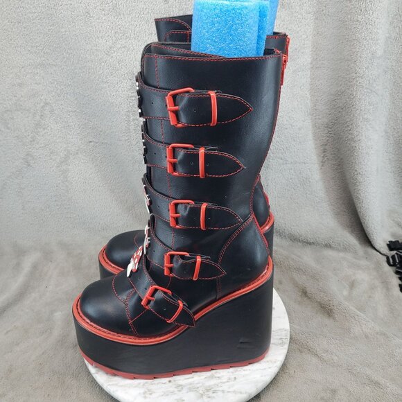 YRU Shoes Womens Size 7 Black Faux Leather Gothic Mushroom Platform Tall Boots - Picture 4 of 11